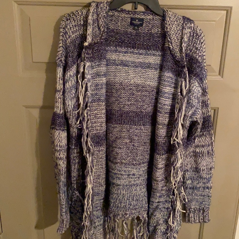 Blue open sweater cardigan with hood and fringe — American Eagle — Large/X Large